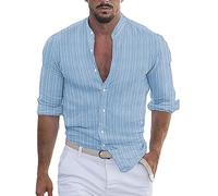 Urban Classics Freizeithemden für Herren, Leinenhemden, gestreiftes Hemd, Oberteil, Großvater-Kragen, leicht, atmungsaktiv, Hemden, Button-Down-Shirt, formelle Hemden, schmale Passform, lässige