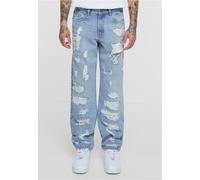 Bequeme Jeans URBAN CLASSICS "Urban Classics Heavy Ounce Straight Fit Destroyed Jeans" Gr. 36, Normalgrößen, blau (new light blue heavy destroyed washed) Herren Jeans (86523351-36) new light blue heavy destroyed washed