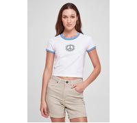 T-Shirt URBAN CLASSICS "Urban Classics Damen Ladies Stretch Jersey Cropped Tee", Herren, Gr. XL, weiß (weiß, horizonblau), 95% Baumwolle, 5% Elasthan, unifarben, klassisch, regular fit, Rundhals, Kurz