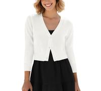 Urban CoCo Women's Cropped Cardigan V-Neck Button Down Knitted Sweater 3/4 Sleeve (S, White)