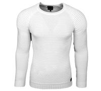 Urbaner Herren Feinstrick-Pullover Rundhals-Sweater Biker Knitwear Streetwear 6240 Weiß XL