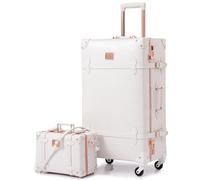 Urecity Koffer Vintage mit 4 Rollen Trolley Koffer Reisekoffer Leicht Retro Hartschalen Koffer 2-Teilig mit 12 Zoll Kleines Köfferchen (Rosa Weiß, S(12")+M(20"))