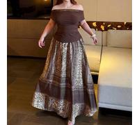 Urlaubs 2 Stücke Set, Off-Shoulder lockere Bluse & A-Linien Maxirock mit Blume Muster aus Chiffon, elegantes Outfit für Damen in Große Größen, Frühlin