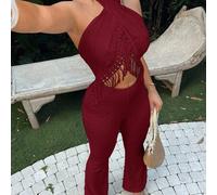Urlaubssexyer rückenfreier Neckholder Strukturierter Fransen Jumpsuit