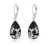 URONE Kolibri Schwarze Onyx Ohrringe 925er Sterlingsilber Kolibri Blumen Vintage Tropfen Ohrringes Tier Schmuck für Damen