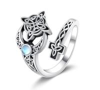 URONE Mond Hexen Knoten Ring 925 Sterlingsilber Keltischer Knoten Mondstein Offene Verstellbare Löffelringe Wicca Mond Schmuck für Damen Ring Größe 17 19
