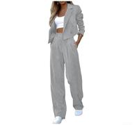 URPIZY Polyester Damen für Blazer Set Gestreift Langhose Büro Polyester | Kurzarm-Lapel-Jacke, gerade Hose, zweifarbig gestreift, für Büro und Meetings, regular Passform