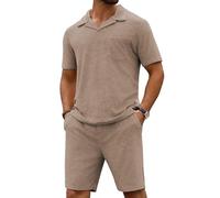 URRU Herren-Poloshirt und Shorts-Set, Sommer-Outfits, Strand, Frottee, lässig, kurzärmelig, 2-teiliges kurzes Set für Herren, Kaffee, Small