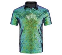 URRU Herren Relaxed Kurzarm Turndown Sparkle Pailletten Polo Shirts 70er Jahre Disco Nachtclub Party T-Shirts Tops S-XXL, Multicolor-dunkelgrün, Mittel