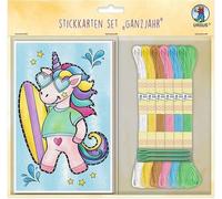 Ursus Stickkarten-Set Ganzjahr, 11 x 17 cm, 10 Stück bunt, mit 6 Docken Stickgarn & 3 Nadeln