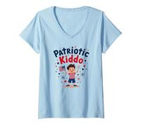 USA Kids Patriotic Kiddo, amerikanische Flagge, Sterne, Feuerwerk T-Shirt mit V-Ausschnitt, Damen, Himmelblau, L