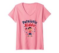 USA Kids Patriotic Kiddo, amerikanische Flagge, Sterne, Feuerwerk T-Shirt mit V-Ausschnitt, Damen, Rosa, L