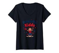 USA Kids Patriotic Kiddo, amerikanische Flagge, Sterne, Feuerwerk T-Shirt mit V-Ausschnitt, Damen, Schwarz, XL