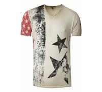 Herren T-Shirt USA Stars and Stripes V-Neck Regular Fit Rundhals Verwaschen S M L XL XXL 3XL 236, Farbe:Beige, Größe:XXL