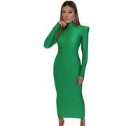 USRUTIUD Faltenrock Schulterpolster Langarm Bodycon Party Maxi Kleid Frühling Und Herbst Frauenkleidung-grün-l