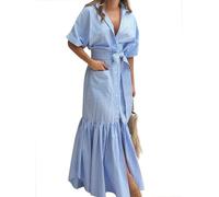utcoco Damen 2026 Sommer Casual Gestreift Button Down Maxikleid Krawatte Taille Kurzarm Hemdkleid mit Taschen, Blau, Mittel