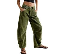 utcoco Damen Cord-Jeans mit mittelhoher Taille, Barrel, lässig, Vintage, weites Bein, Y2K, Baggy-Boyfriend-Hose, Grün , Groß