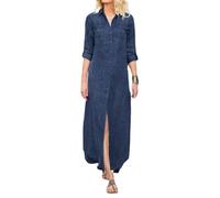 utcoco Damen Denim-Hemdkleid, Vintage, Revers, langärmelig, lässig, Knopfleiste, Maxi-Jeanskleider, Dunkelblau, X-Groß