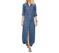 utcoco Damen Denim-Hemdkleid, Vintage, Revers, langärmelig, lässig, Knopfleiste, Maxi-Jeanskleider, Hell, blau, X-Groß