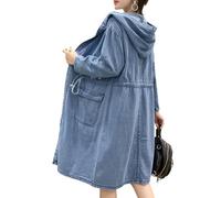 utcoco Damen Jeansjacke mit Kapuze, mittellang, lockere Passform, Kordelzug, Denim-Jacke, Kapuzenpullover, vorne offen, Trenchcoat, Blau, XXL