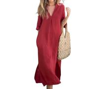 utcoco Damen-Maxikleid aus Baumwollleinen, lockere Passform, V-Ausschnitt, 3/4-Ärmel, Seitenschlitz, A-Linie, langes Leinenkleid, Rot/Ausflug, einfarbig (Getaway Solids), 3X-Groß
