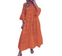 utcoco Damen Maxikleid mit Spitze, bestickt, Ösen, 3/4-Trompetenärmel, Knopf, V-Ausschnitt, fließender Swing-Saum, gestufte A-Linie, Orange/Abendrot im Zickzackmuster (Sunset Chevron), Groß