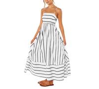 utcoco Damen-Sommerkleid, gestreifter Rücken, gesmokt, Spaghettiträger, ausgeschnitten, fließend, A-Linie, langes Kleid, Schwarz Weiß, Groß