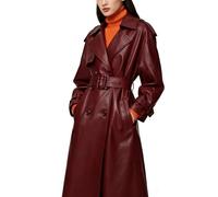 utcoco Damen-Trenchcoat aus Kunstleder, zweireihig, mit Gürtel, hohe Taille, lange PU-Lederjacke, Herbst-Winter-Oberbekleidung, Weinrot, XX-Large