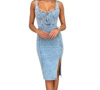 utcoco Jeanskleid für Damen, ärmellos, Seitenschlitz, figurbetont, Midi-Jeanskleider für Damen 2024, Hell, blau, Klein