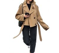 utcoco Kurzer Damenmantel aus Wolle, mit Gürtel, zweireihig, Erbsenmantel, kurze Jacke, gekerbtes Revers, Trenchcoat mit Taschen