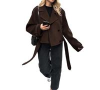 utcoco Kurzer Damenmantel aus Wolle, mit Gürtel, zweireihig, Erbsenmantel, kurze Jacke, gekerbtes Revers, Trenchcoat mit Taschen, Kaffee, Small