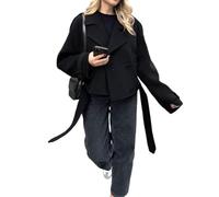 utcoco Kurzer Damenmantel aus Wolle, mit Gürtel, zweireihig, Erbsenmantel, kurze Jacke, gekerbtes Revers, Trenchcoat mit Taschen