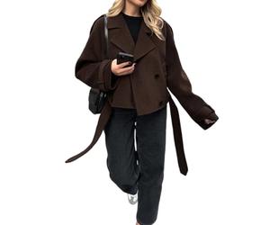 utcoco Kurzer Damenmantel aus Wolle, mit Gürtel, zweireihig, Erbsenmantel, kurze Jacke, gekerbtes Revers, Trenchcoat mit Taschen, Kaffee, X-Large