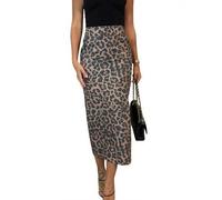 utcoco Langer Damenrock aus Kunstleder, figurbetont, hohe Taille, schmaler Bleistiftrock mit Taschen, Leopard, Klein