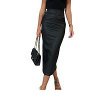 utcoco Langer Damenrock aus Kunstleder, figurbetont, hohe Taille, schmaler Bleistiftrock mit Taschen, Schwarz, Klein