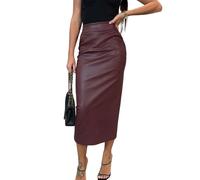 utcoco Langer Damenrock aus Kunstleder, figurbetont, hohe Taille, schmaler Bleistiftrock mit Taschen, Weinrot, Groß