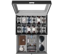 Uten PU Uhrenbox mit 2 Ebenen, 12 Fächern und 1 Schublade Schwarze | Weiches Beige Samtfutter, Herausnehmbare Uhrenkissen, Transparente Glasabdeckung, Stabiler Metallschloss