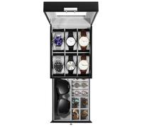 Uten Uhrenbox, 6 Fächern und 1 Schublade mit Schlüsselschloss, Glasdeckel, Schwarzes PU, Graues Samtfutter, Herausnehmbare Kissen, Schmuckaufbewahrungsbox, Geschenkidee