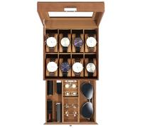 Uten Uhrenbox, 8 Fächern und 1 Schublade mit Schlüsselschloss, Glasdeckel, Braunes PU, Braunes Samtfutter, Herausnehmbare Kissen, Schmuckaufbewahrungsbox, Geschenkidee