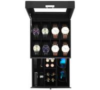 Uten Uhrenbox, 8 Fächern und 1 Schublade mit Schlüsselschloss, Glasdeckel, Schwarzes PU, Schwarzes Samtfutter, Herausnehmbare Kissen, Schmuckaufbewahrungsbox, Geschenkidee