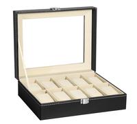Uten Uhrenbox für 10 Uhren, Uhrenkasten, Glasdeckel, Uhrenkoffer, herausnehmbare Uhrenkissen, Metallverschluss, Geschenkidee, PU-Bezug in Schwarz, Innenfutter in Beige