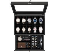 Uten Uhrenbox mit 10 Fächern, 2 Ebenen Uhrenkasten aus Massivholz mit Glasdeckel, Uhrenkissen Seidenbaumwolle, Schmuckaufbewahrung, Geschenkidee，Schwarzes Futter