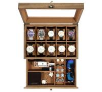 Uten Uhrenbox mit 10 Fächern, 2 Ebenen Uhrenkasten aus Massivholz mit Glasdeckel, Uhrenkissen Seidenbaumwolle, Schmuckaufbewahrung, Geschenkidee，Braunes Futter