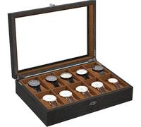 Uten Uhrenbox mit 10 Fächern, Uhrenbox aus Massivholz mit Glasabdeckung, Aufbewahrungsbox für Herren und Damenuhren, Herausnehmbares Kissen aus Seidenbaumwolle, Braunes Futter, Geschenkidee
