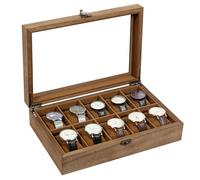 Uten Uhrenbox mit 10 Fächern, Uhrenbox aus Massivholz mit Glasabdeckung, Aufbewahrungsbox für Herren und Damenuhren, Herausnehmbares Kissen aus Seidenbaumwolle, Braunes Futter, Geschenkidee