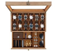 Uten Uhrenbox mit 12 Fächern, 2 Ebenen Uhrenkasten aus Massivholz mit Glasdeckel, Uhrenkissen Seidenbaumwolle, Schmuckaufbewahrung, Geschenkidee，Braunes Futter