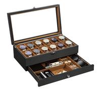 Uten Uhrenbox mit 12 Fächern, 2 Ebenen Uhrenkasten aus Massivholz mit Glasdeckel, Uhrenkissen Seidenbaumwolle, Schmuckaufbewahrung, Geschenkidee，Braunes Futter