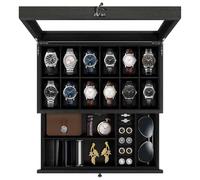 Uten Uhrenbox mit 12 Fächern, 2 Ebenen Uhrenkasten aus Massivholz mit Glasdeckel, Uhrenkissen Seidenbaumwolle, Schmuckaufbewahrung, Geschenkidee，Schwarzes Futter
