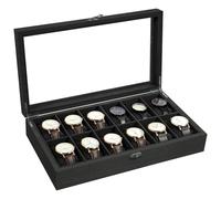 Uten Uhrenbox mit 12 Fächern, Uhrenbox aus Massivholz mit Glasabdeckung, Aufbewahrungsbox für Herren und Damenuhren, Herausnehmbares Kissen aus Seidenbaumwolle, Schwarzes Futter, Geschenkidee