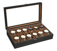 Uten Uhrenbox mit 12 Fächern, Uhrenbox aus Massivholz mit Glasabdeckung, Aufbewahrungsbox für Herren und Damenuhren, Herausnehmbares Kissen aus Seidenbaumwolle, Braunes Futter, Geschenkidee